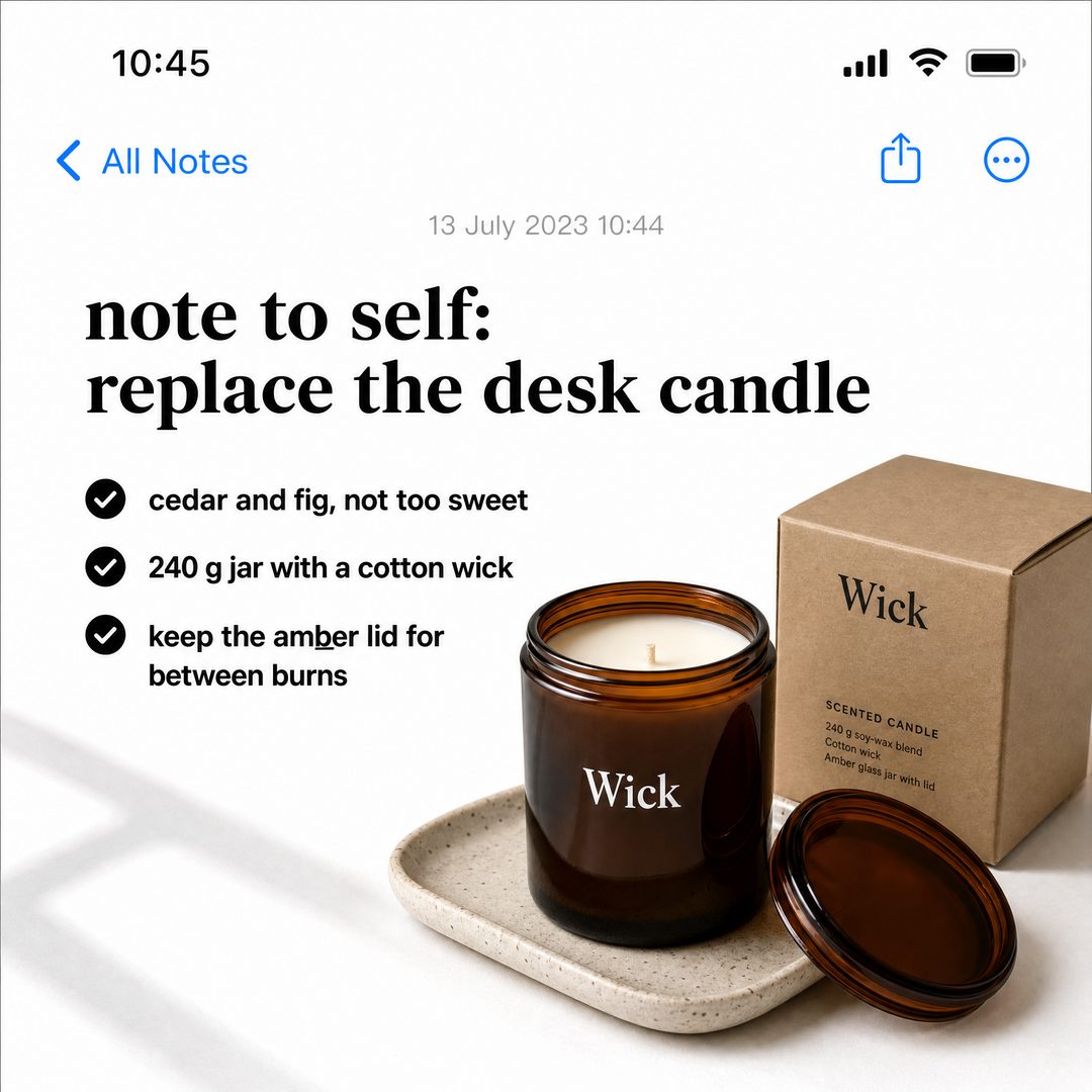 Faux iPhone Notes / App Screenshot ad example, invented product