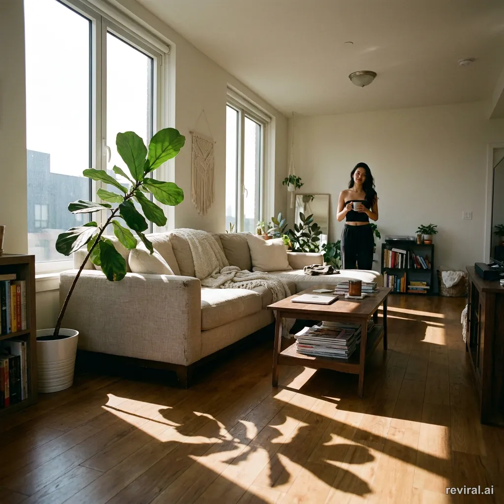 Wide shot showing a person and the room around them