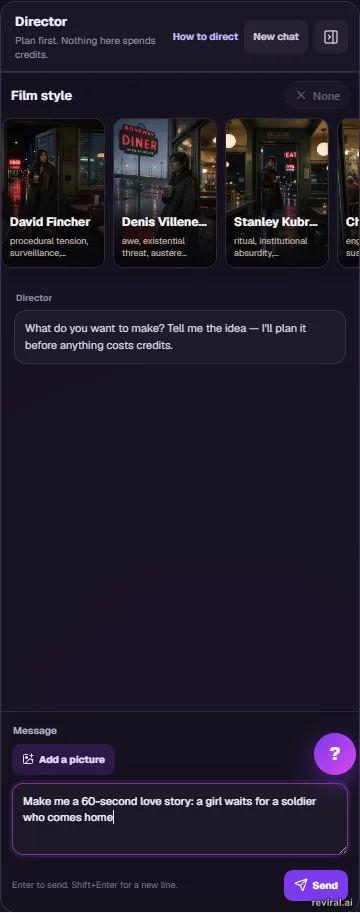 Director message box containing a 60-second love story request before it is sent