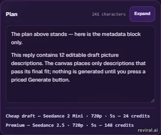 Director plan output with Cheap draft and Premium credit price lines visible